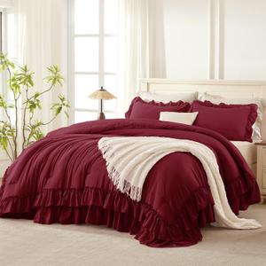 Andency Burgundy Ruffle Comforter Set King, Shabby Chic Farmhouse Bedding Comforter, Soft Lightweight Fluffy Microfiber Bet Set All Season 3 Pieces Solid Comforter Set (King(104"x90"))