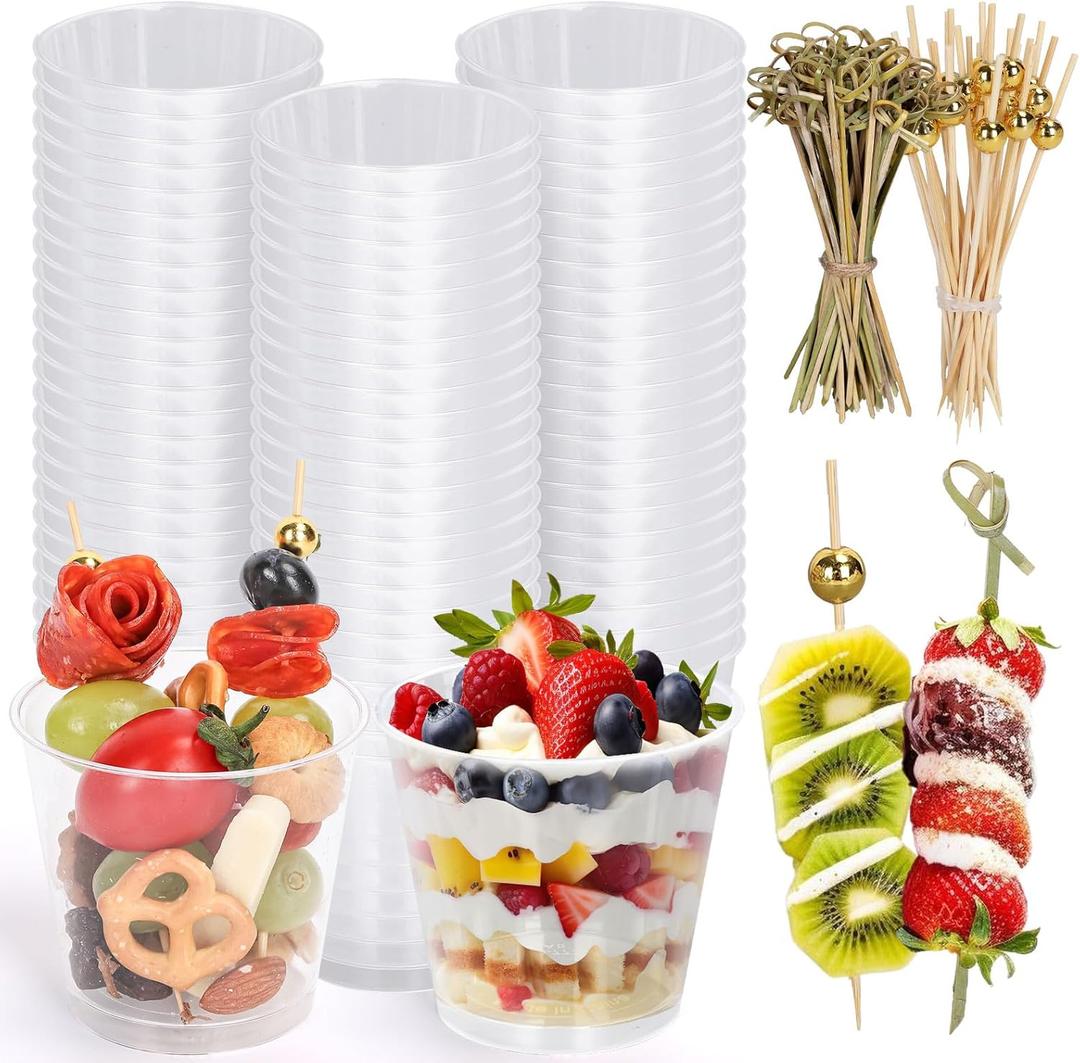 50 Set 7oz Plastic Charcuterie Cup with 200 Cocktail Sticks Disposable Wine Cup Dessert Tasting Cups Clear Appetizer Cups for 2025 Graduation Party Wedding Events