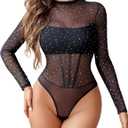 Avidlove Women Mesh Bodysuit Lingerie Mock Neck Long Sleeve Sheer Rhinestone Going Out Top (Large, Black)