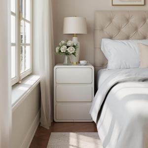 AQIMUELE Narrow Nightstand - Narrow Bedside Table with Drawers, Wood Small Nightstand with Leather Surface for Bedroom, White - 15.7" W