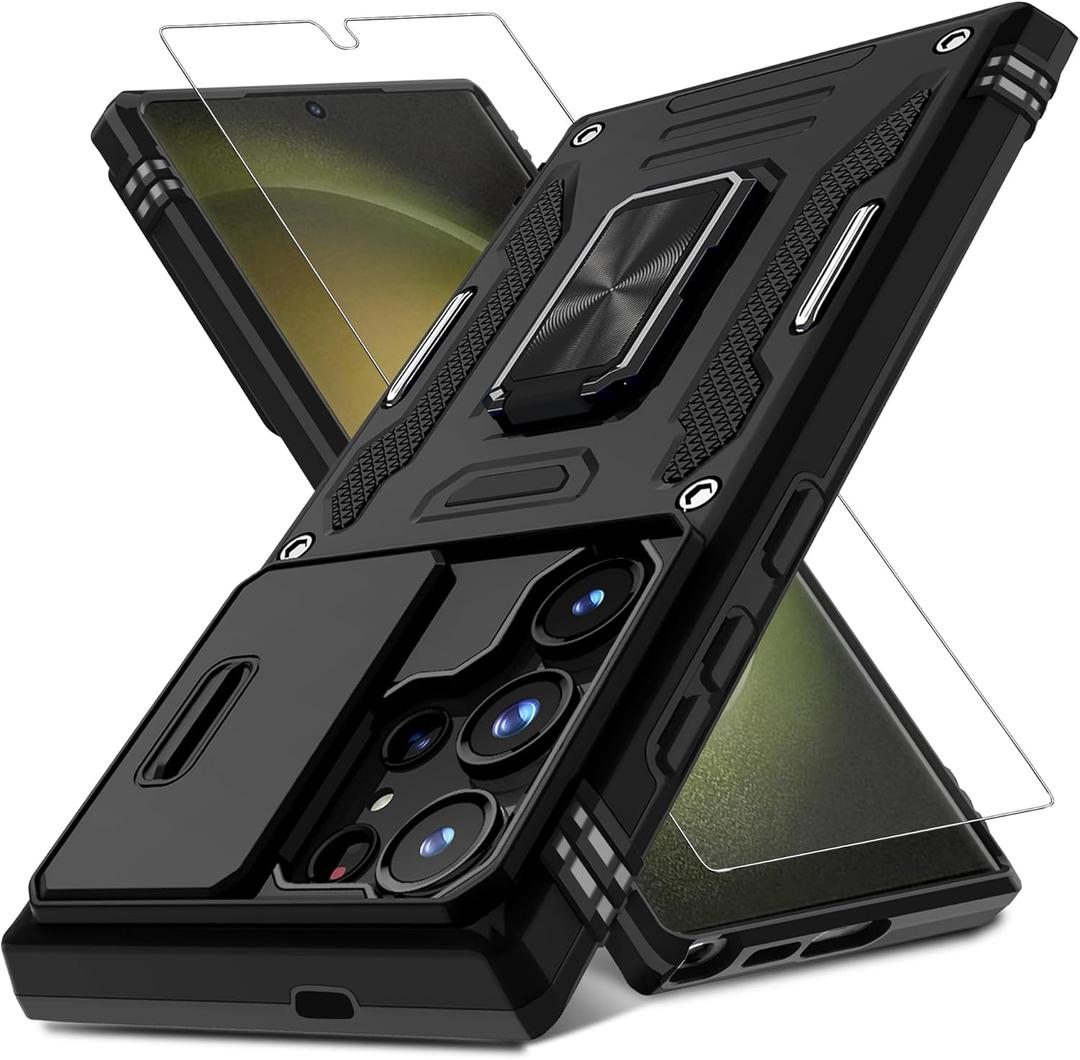 DEERLAMN Case for Samsung Galaxy S24 Ultra with Slide Camera Cover+Screen Protector (1 Pack), Rotated Ring Kickstand Military Grade Shockproof Protective Cover-Black (S24 Ultra-6.8 Inch)