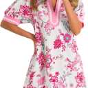 Wenrine Womens Summer Mini Dress Casual Floral Puff Sleeve V Neck Color Block Loose Boho Beach Dresses with Pockets XL