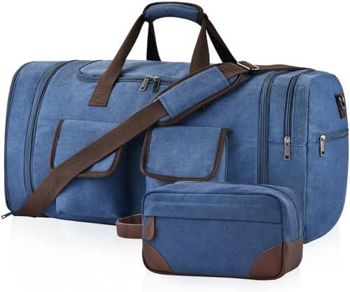 Duffle Bag for Travel, 60L Large Canvas Travel Duffel Bags Overnight Weekend Gym Bag Carry On Duffel Bag with Wet Dry Separation Pocket & Shoe Compartment(Blue+Toiletry Bag)