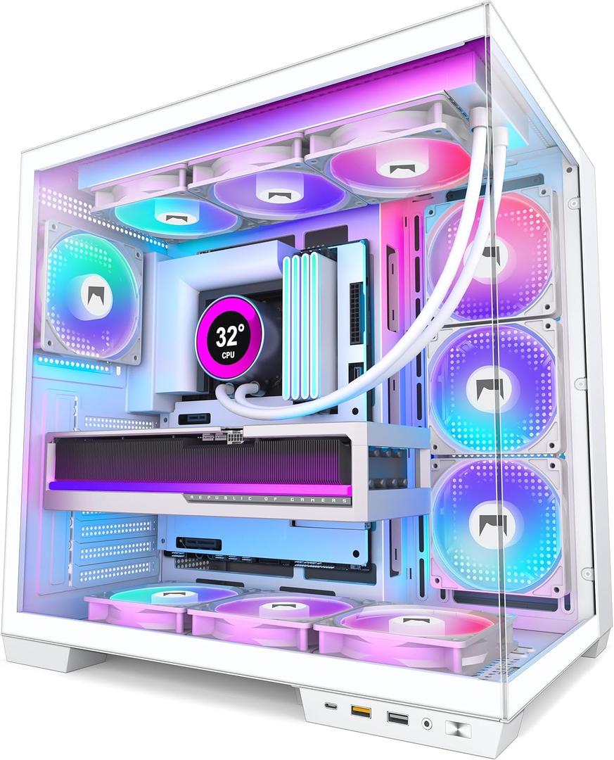 H1 HYXN ATX PC Case - Pre-Installed with 7 PWM ARGB Fans - Dual Cavity Mid-Tower PC Gaming Case - with Type-C - Can Hold up to 3X 360mm heatsinks simultaneously (White, H1)