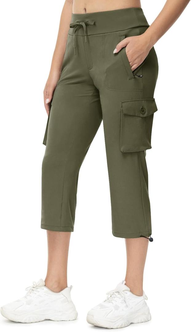 TBMPOY Womens Capri Lightweight Cargo Hiking Quick Dry Pants Stretch Pockets Cropped Casual Summer Travel Outdoor (Green, XL)
