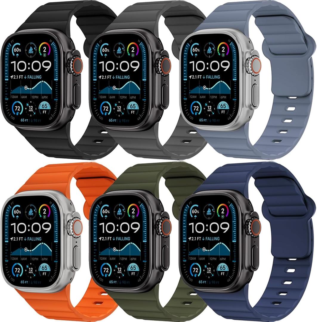 6 Pack Sport Bands for Apple Band 49mm 46mm 45mm 44mm 42mm iWatch Bands for Men Women,Waterproof Silicone Strap Wristband for Apple Watch Series 3 2 1