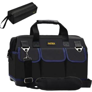 FASTECH 22 Inch Tool Bag, Waterproof Wide Mouth Tool Kit, Heavy Duty Tool Bag Organizer With Shoulder Straps and Molded Base, Tool Storage Package For Screwdrivers, Pliers, Nut Drivers (DarkBlue22IN)
