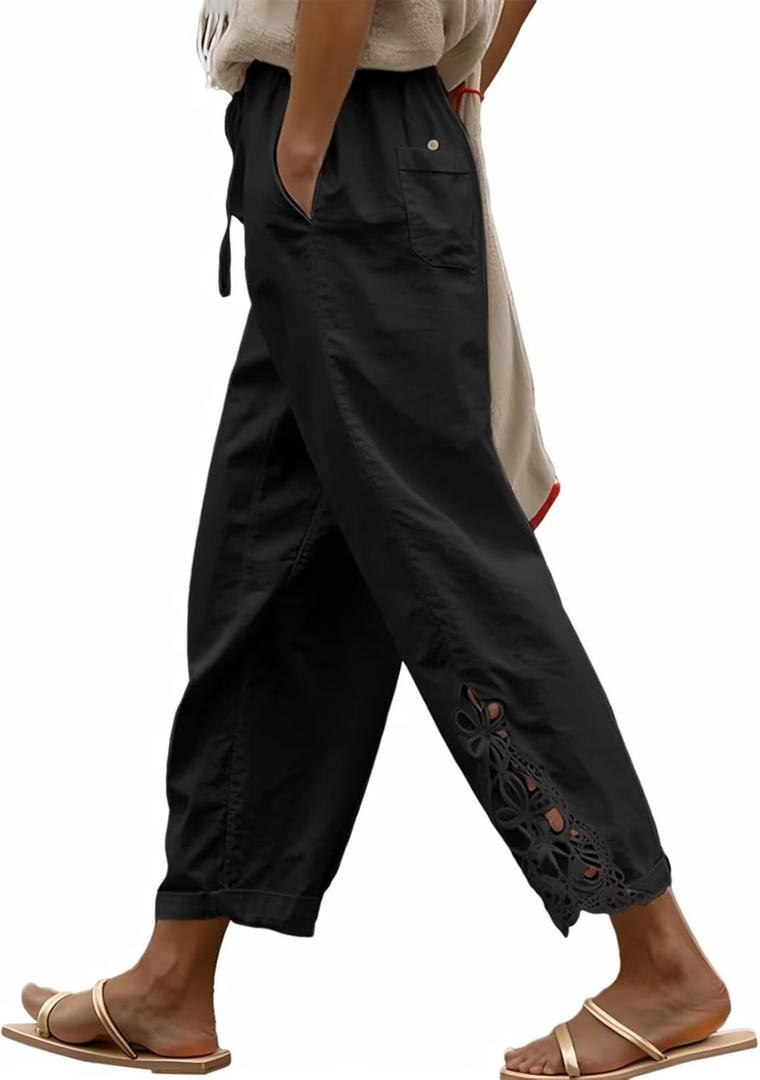 Acelitt Women Casual Lightweight Drawstring Elastic Waist Pants with Pockets, S-XXL (Large, Black)