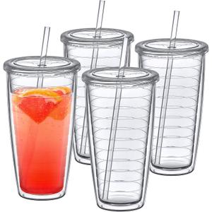 Amazing Abby - Alaska On-the-Go - 24-Ounce Insulated Plastic Tumblers with Lid and Straw (Set of 4), Double-Wall Travel Tumblers, All-Clear Drinking Glasses, BPA-Free, Shatter-Proof, Dishwasher-Safe