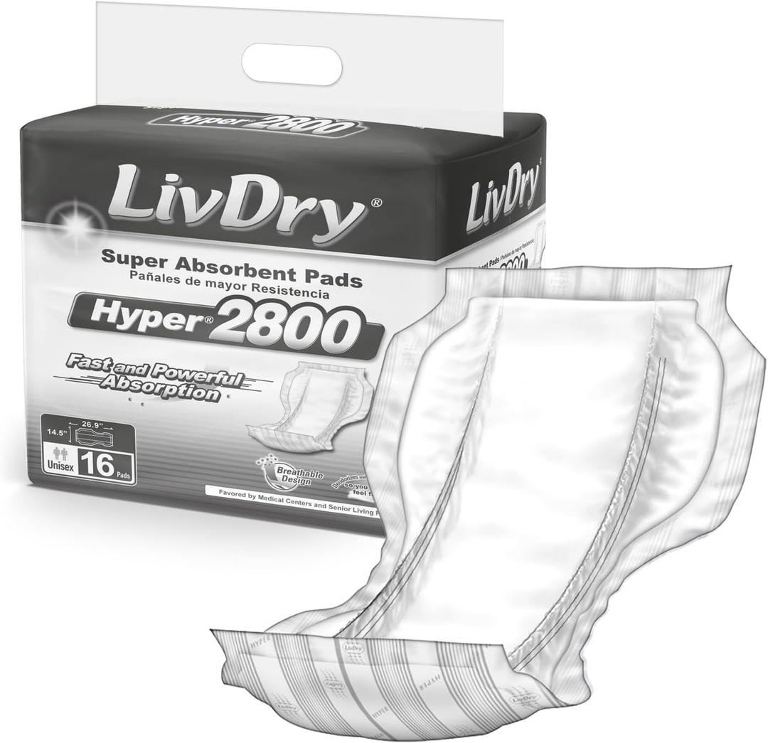 LivDry High Absorbency Pad Insert for Incontinence Briefs and Adult Diaper Booster, Women and Men, Hyper 2800 (16 Count)