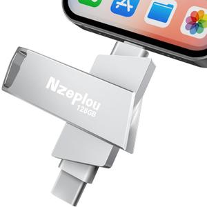 128GB Flash Drive for iPhone iPad, USB3.0 High-Speed Memory Stick No App Needed, Lightening & USB-C External Memory Storage for Photos Videos, Picture Backup Thumb Drive Plug & Play(Silver)