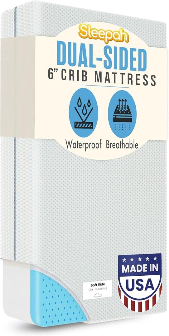 Sleepah 6" Crib & Toddler Bed Mattress - Made in USA – Waterproof Washable Breathable Soft Fabric - Dual Sided Cooling Memory Foam – CertiPUR & OKEO-Tex Certified Mattresses for Baby & Toddlers Blue