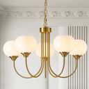Modern Globe Chandelier 5 Light Mid Century White Milk Glass Vintage Sputnik Hanging Chandeliers Gold Pendant Light Fixtures for Dining Room Kitchen Living Room Bedroom, Chain