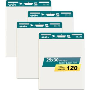 ViVin Super Sticky Easel Pad, 25 x 30 Inches Flip Chart Paper for Teachers, Large Self Stick Easel Paper, Teacher Anchor Chart, 30 Sheets/Pad, 4 Pads/Pack