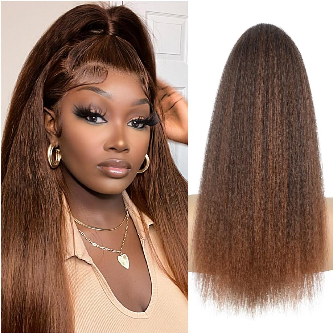 Long Yaki Straight Ponytail Extension for Women 20 Inch Ombre Brown Wrap Around Magic Paste Synthetic Clip in Ponytail Thick Kinky Straight Hair Pony Tail for Daily Use (T30) (T1B/30 Mix Black and Brown)