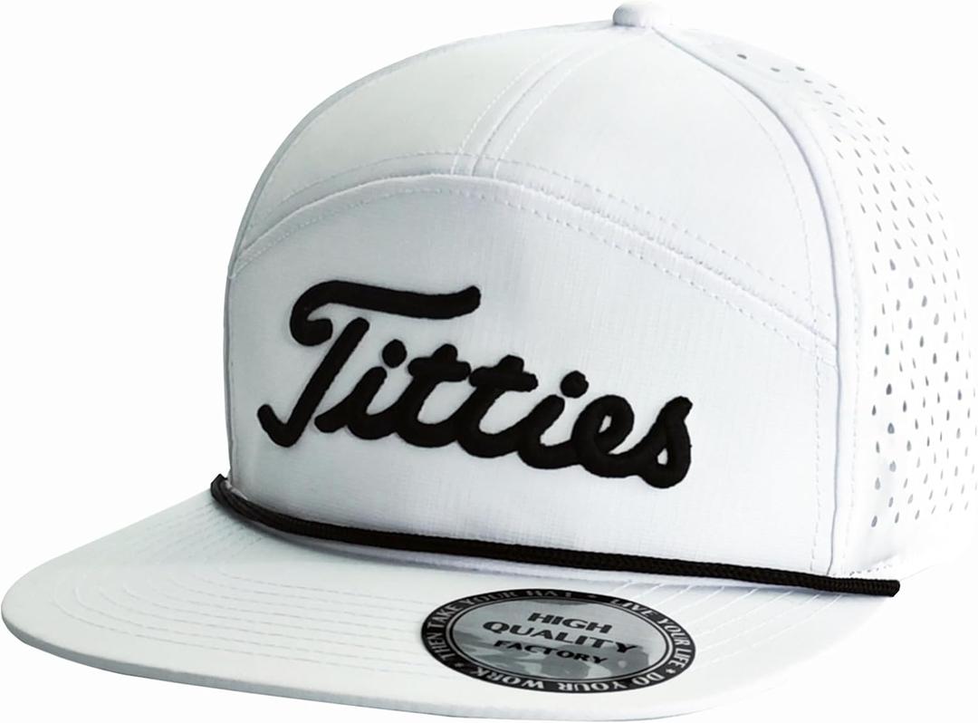 Tittiess Golf Hats Flat Bill for Men Women,Funny Titties Golf Gifts Baseball Cap for Adults Humor (White)
