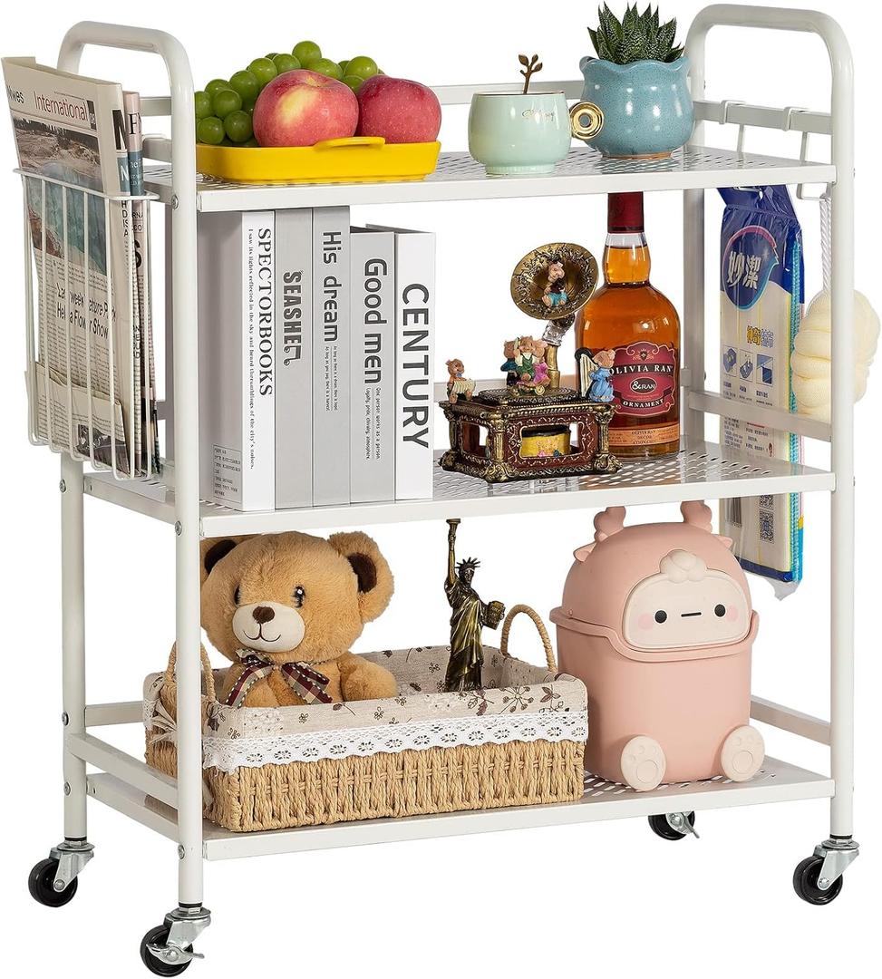 HDANI 3 Tier Metal Mesh Utility Cart, Large Capacity Multipurpose Heavy Vehicle, Rolling Trolley with to Hooks and One Basket (White)