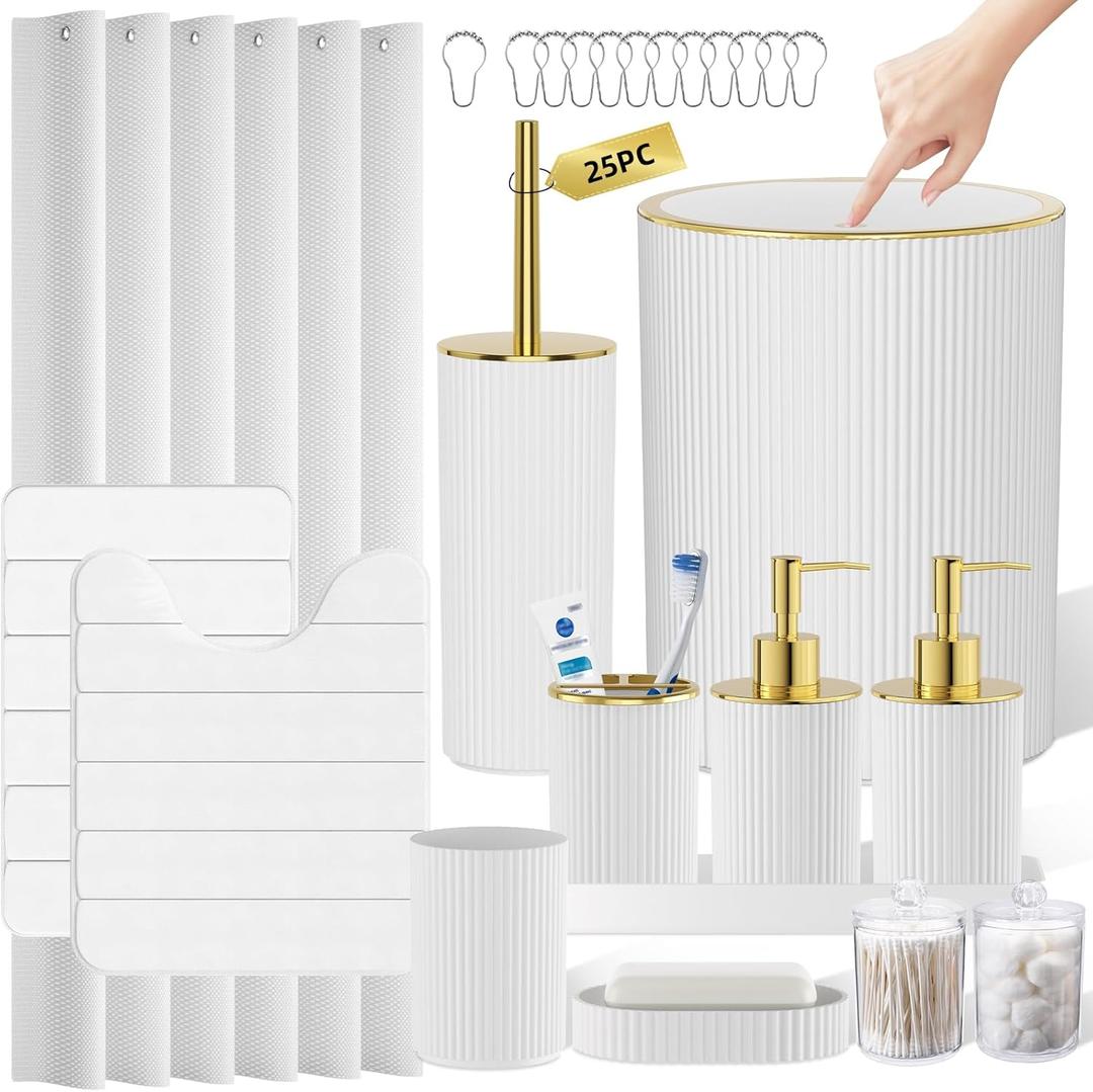 White and Gold Bathroom Accessories Set - Bathroom Sets, 25PC Bath Accessory Set, Bathroom Sets with Push Top Can, Shower Curtain and Rugs, Toilet Brush, Can & Soap Dispenser