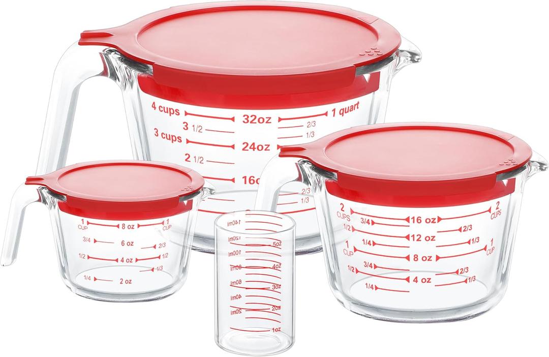 4 Piece Glass Measuring Cups Set, 5 Oz, 1-Cup, 2-Cup, 4-Cup Liquid Measuring Cups with Lids for Kitchen, Freezer and Microwave Safe