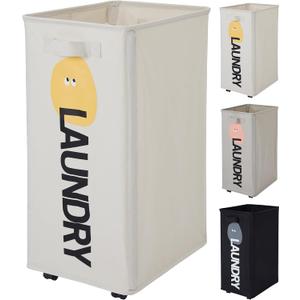 Laundry Basket with Wheels, Narrow Thin Tall Rolling Collapsible Foldable Laundry Hamper, Waterproof Corner Dirty Clothes Laundry Bin, Handle on Both Side, 72L (Pro/19Gal, Beige)
