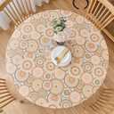 LIBERECOO Round Fitted Tablecloth with Elastic, Flannel Backed Vinyl Tablecloths for 45" - 56" Tables, Waterproof Wipeable Reusable Plastic Table Cloth for Indoor & Outdoor, Boho Sunburst Medallion