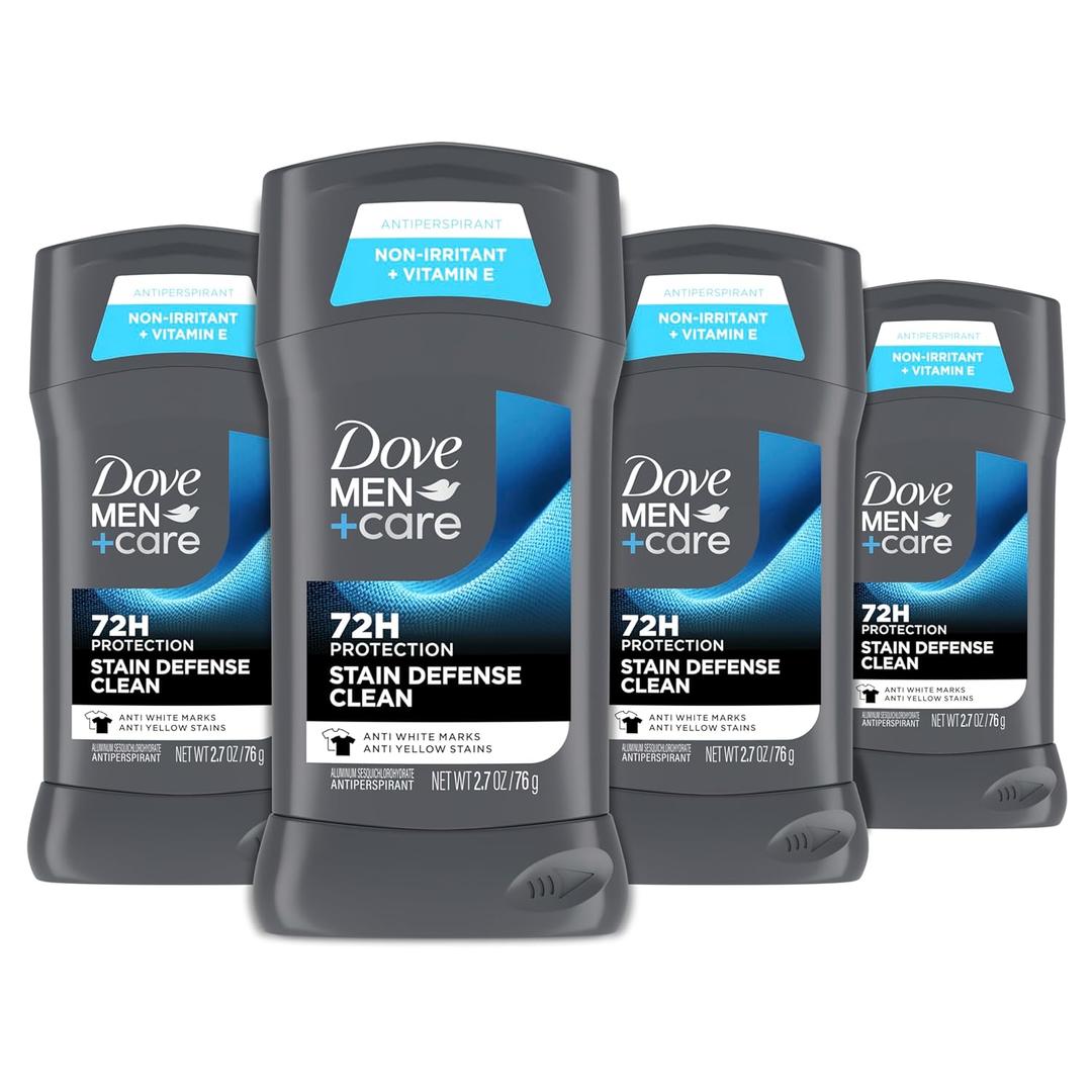 Dove Men+Care Deodorant Stick 4 Count Stain Defense Clean for Men, Anti-white Marks & Anti-yellow Stains with 72-hour Sweat and Odor Protection 2.7 oz
