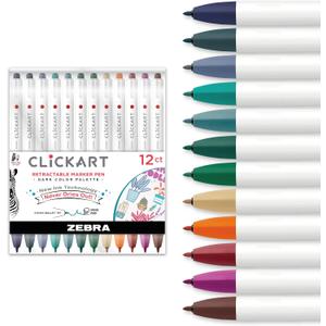 Zebra Pen CLiCKART Retractable Felt Tip Pen, Assorted Dark Ink Colors, 0.6mm Fine Point, Moisture Absorbing to Prevent Drying Out, No Bleed, Ideal for Journaling, Drawing and Writing, 12-Pack (69812)