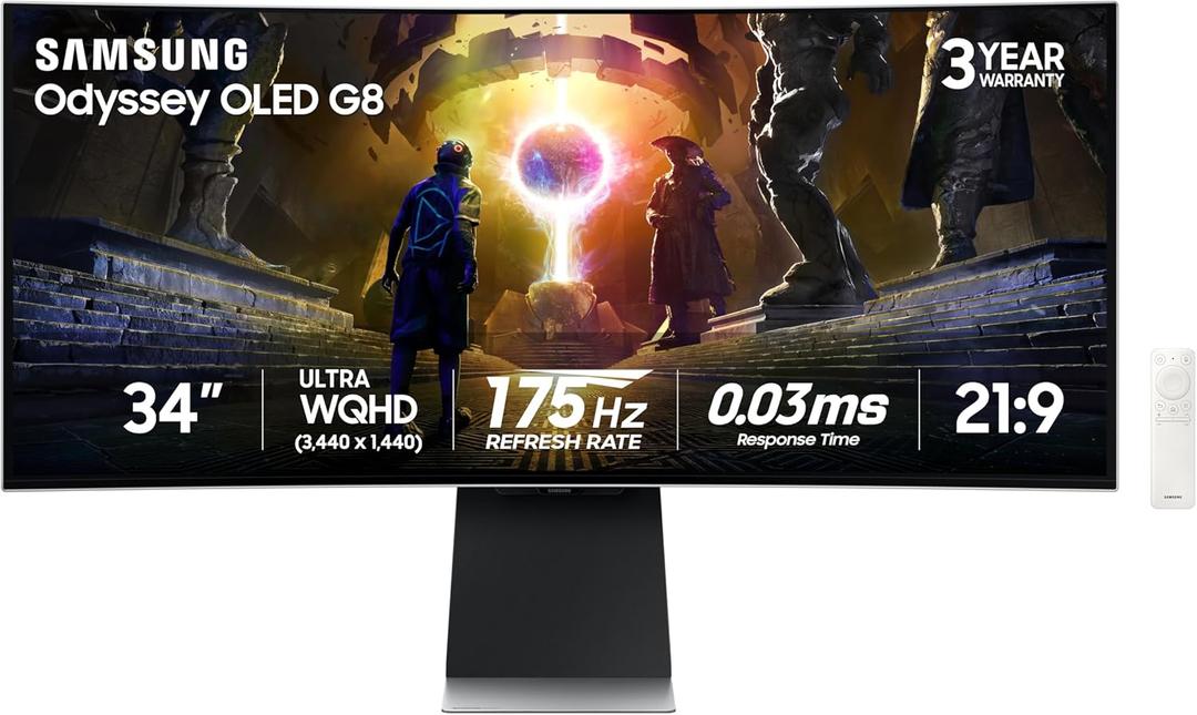 Samsung 34" Odyssey OLED G8 (G85SD) Ultra-QWHD QD-OLED G-Sync Compatible Curved Gaming Monitor, 175Hz, 0.03ms, Glare-Free Display, AMD FreeSync Premium Pro, LS34DG856SNXZA,2024