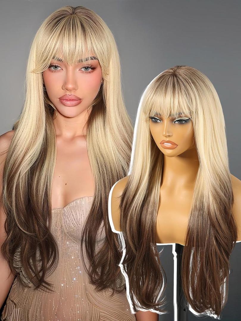 KOME Ombre Blonde Brown Wigs with Bangs,Blonde Layered Wig for Women,Long Wavy Wigs Synthetic Hair Wig for Party Daily Use 26IN