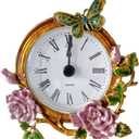 Vintage Mini Analog Table Clock, Silent Small Table Clock with Hand-Painted Metal Body and Battery Operated Non-Ticking Core for Shelf, Bedroom, Bedside, Desk, Gift (Purple Rose)