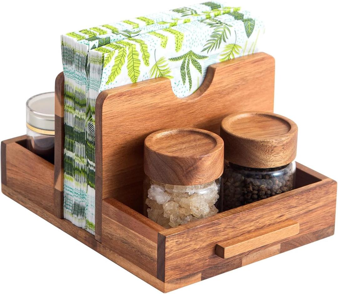 Napkin Holder, Napkin Holders with Built-in Salt Pepper Shakers Caddy, Acacia Wood Napkins Dispenser for Dining Table Countertop, Upright Paper Stand - Keep Your Kitchen Tidy & Organized