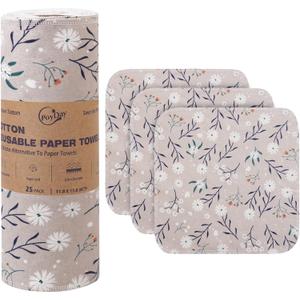 Paper Towels Washable Roll: 25Pack Cotton Cloth Paper Towels 11.8x11.8In Absorbent Soft Flannel Paperless Towels Alternative for Kitchen Reusable Napkins Zero Waste (Flower, Large)