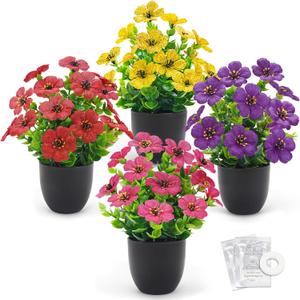 Der Rose 4 Pack Small Fake Plants with Fragrance Discs Spring Faux Flowers in Black Pots Artificial Plants Indoor for Bathroom Room Office Desk Decor