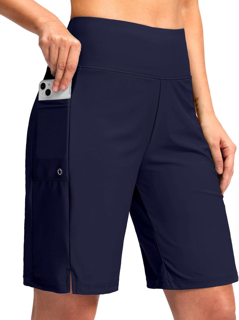 G Gradual Women's 9" Long Swim Board Shorts with Pockets High Waisted Knee Length Beach Swimming Shorts for Women with Liner (Navy), Small