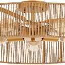 24" Natural Rattan Flush Mount Ceiling Light Fixture Antique Brass Brush Paint Finish Boho Chandelier for Porch Patio Hallway Bedroom Living Room Kitchen Island 5-Light