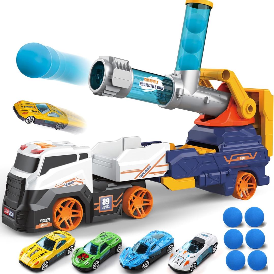 Dwi Dowellin Truck Toys for Kids, 28" Large Car Toys Include 4 Race Cars+6 Soft Foam Balls, with Light & Sounds, Eejection&Shooting Transport Trucks Toy, Gifts for Boys Girls 3 4 5 6 7 8+ Year Old (Black)