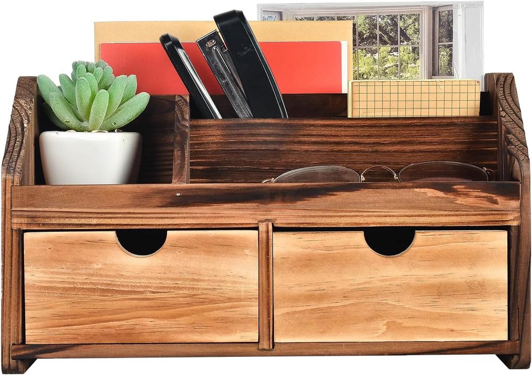 Rustic Torched Dark Brown Wood Desk Organizer Wooden Tabletop Stationery Holder Multiple Compartments Slots 2 Drawers Storage Cabinet Office Supplies Makeup Accessory Sorter Display Box Home