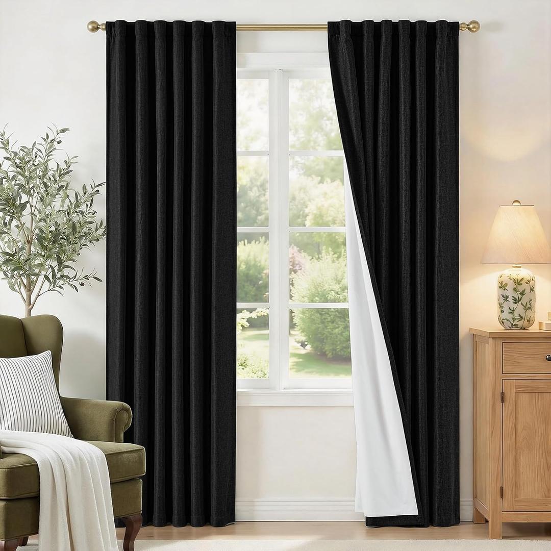 100% Blackout Curtains for Bedroom Linen Textured Insulated Thermal Drapes with Lining Black Curtains 84 Inch Length 2 Panels Set Noise Reducing Window Drapes 7ft Long Ready to Hang for Living Room  50"W x 84"L (Pack of 2), Black
