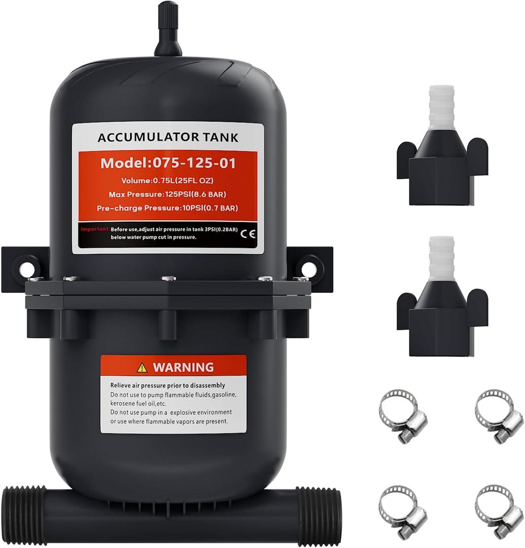 Pre-Pressurized Accumulator Tank, 0.75L Max 125PSI, 1/2 MNPT Port Fitting,Suitable for RV, Boat, Travel Trailer, Caravan