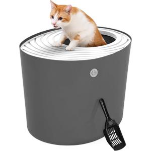 IRIS USA Cat Litter Box, Large Top Entry with Litter Catching Lid and Scoop, Dog Proof, Cat Box Enclosure, Dark Gray/White