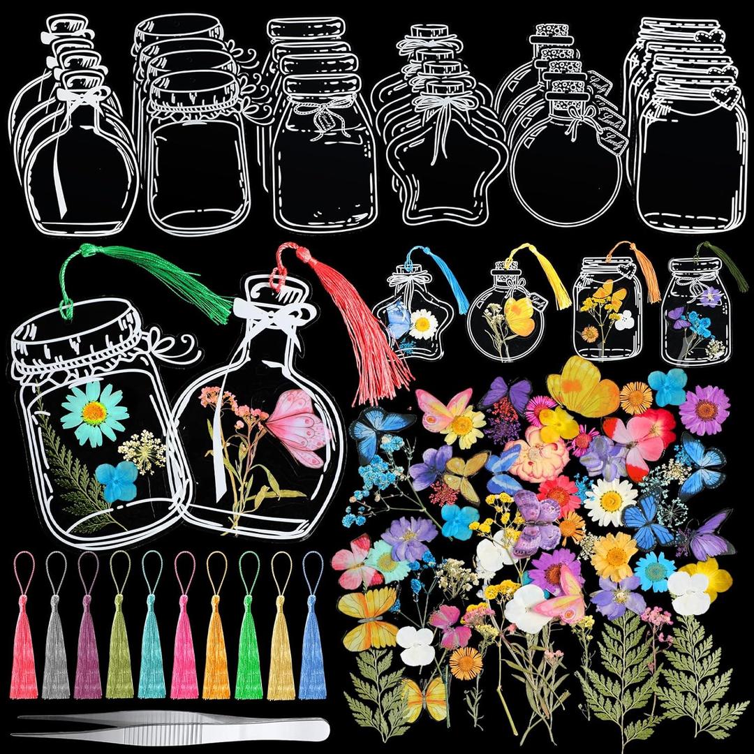 TaoBary 152 Pcs DIY Transparent Dried Flower Bookmark Set Handmade DIY Bookmarks with Dried Pressed Flowers Leaves Butterfly Stickers Colorful Tassels and Tweezers for Reader Writer(Rainbow Color)