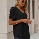 Womens Summer Shirt V Neck Casual Loose Fit Tshirts Puff Short Sleeve Tops (Black, S)
