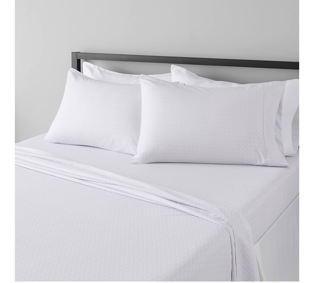 Amazon Basics Lightweight Super Soft, Comfortable Easy Care Microfiber 4 Piece Bed Sheet Set with 14-Inch Deep Pockets, Queen, Gray Crosshatch, Printed