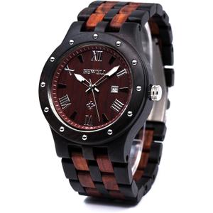 BEWELL Men's Wooden Watches Handmade Date Display Analog Quartz Luminous Wristwatch, (Ebony and Red Sandalwood)