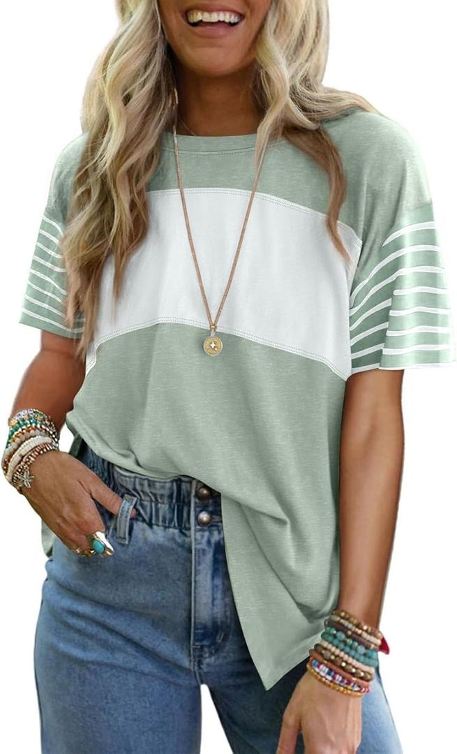 Dokotoo Summer Tops Trendy Oversized 2026 Crewneck Casual Color Block Striped Womens Shirts Blouses (Small, Smoke Green)