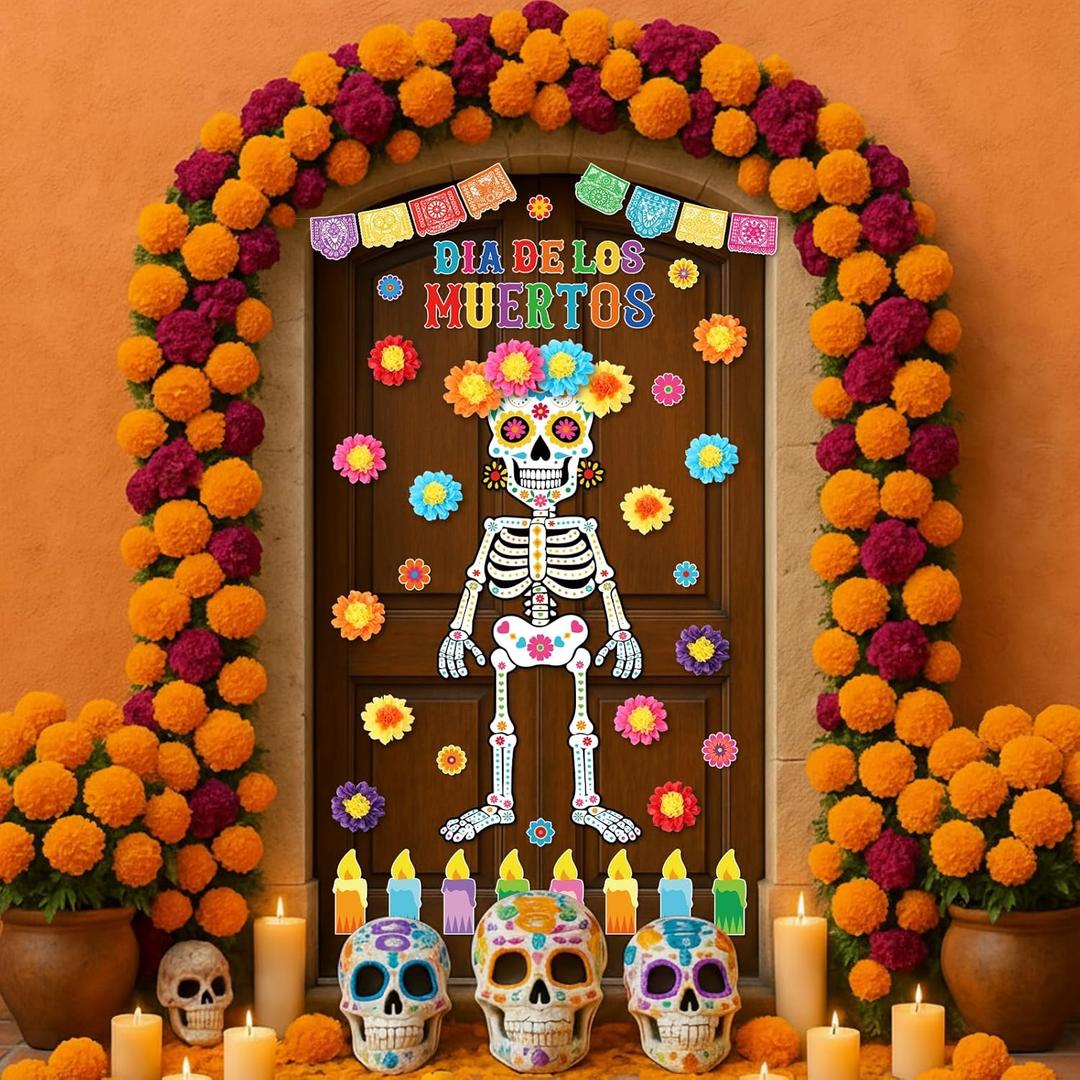 Pasimy Day of The Dead Bulletin Board Set Colorful Sugar Skull Classroom Decorations Mexican Dia De Los Muertos Cutouts with 3D Paper Flowers for Door Wall Decor Fiesta Halloween Party (Fashion)
