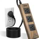 TOPREK Power Strip Surge Protector (1800J), 10 FT Flat Extension Cord with Ultra Thin Flat Plug, 3 Widely-Spaced Outlets with 1 USB-C & 1 USB-A, Wood Finish USB Charging Station for Home, Office, Dorm (Brown)