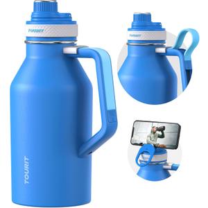 TOURIT 64oz Insulated Water Bottle Stainless Steel, Half Gallon Large Water Jug with 2-in-1 Handle, Double Wall Vacuum Metal Keep Cold & Hot, Wide Mouth Sport Water Flask For Gym, Travel, Blue