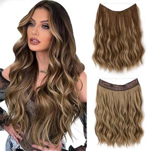SARLA Invisible Wire Hair Extension with 3 Clips Synthetic Short Beach Wave Hairpiece Transparent Adjustable Headband for Women 16 Inch Medium Ash Brown