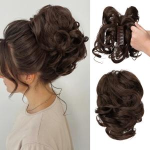 CJL HAIR Claw Clip Short Ponytail Hair Extensions DIY Bendable Metals Messy Bun Hair Piece for Women Wavy Curly Synthetic Fake Hairpieces Dark Chocolate